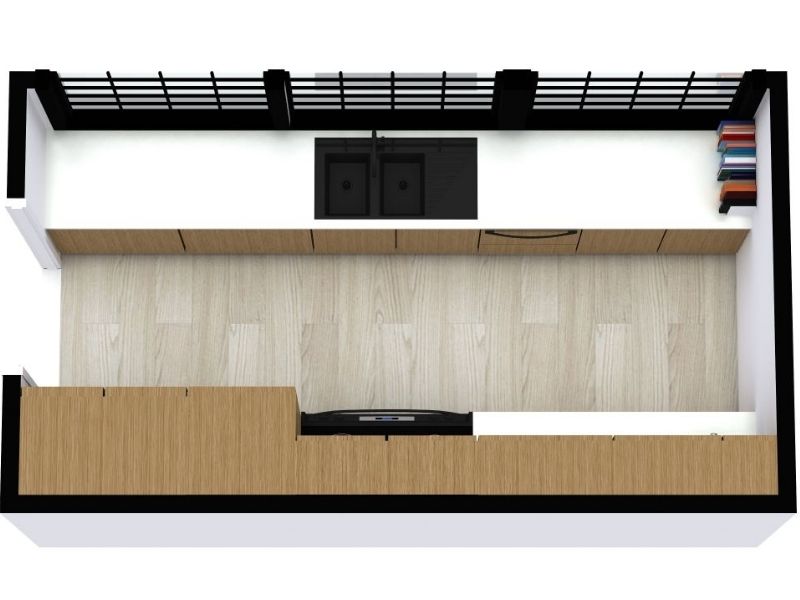 3D render of a galley kitchen with light wood finishes.