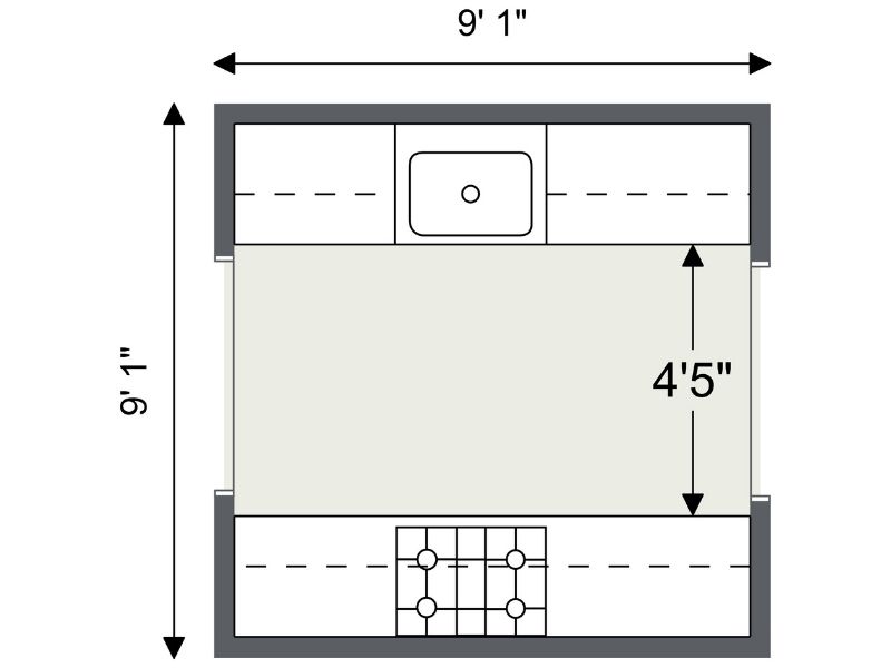 A simple 2D floor plan of a galley kitchen measuring 9 ft 1 in by 9 ft 1 in. It shows two parallel counters with a sink on the top side and a cooktop on the bottom side, and a 4 ft 5 in walkway between them.