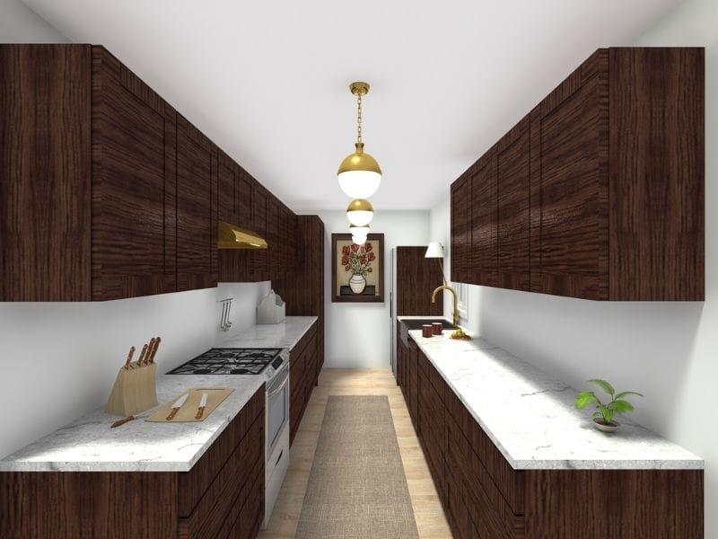 A 3D rendering of a galley kitchen with dark wood cabinets, white marble-style countertops, and two gold pendant lights. The room has a stove on the left, a sink on the right, and a narrow runner rug centered between the two work areas.