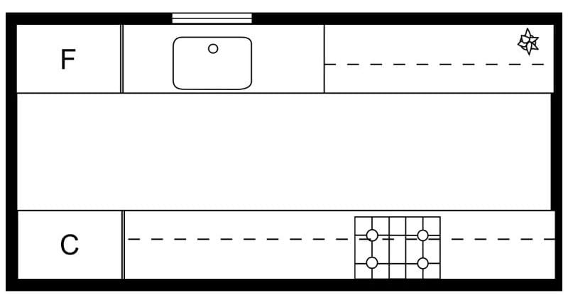 A simple black-and-white floor plan of a galley kitchen with counters on both sides. The top side shows a sink and refrigerator, and the bottom side shows a cooktop. The walkway between the two work areas is open and unobstructed.