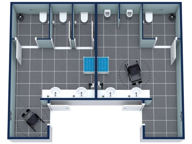 3D floor plan of an ADA-compliant multi-user bathroom showing two large accessible stalls with wheelchair turning spaces, four standard stalls, multiple sinks with mirrors, and open entryways.