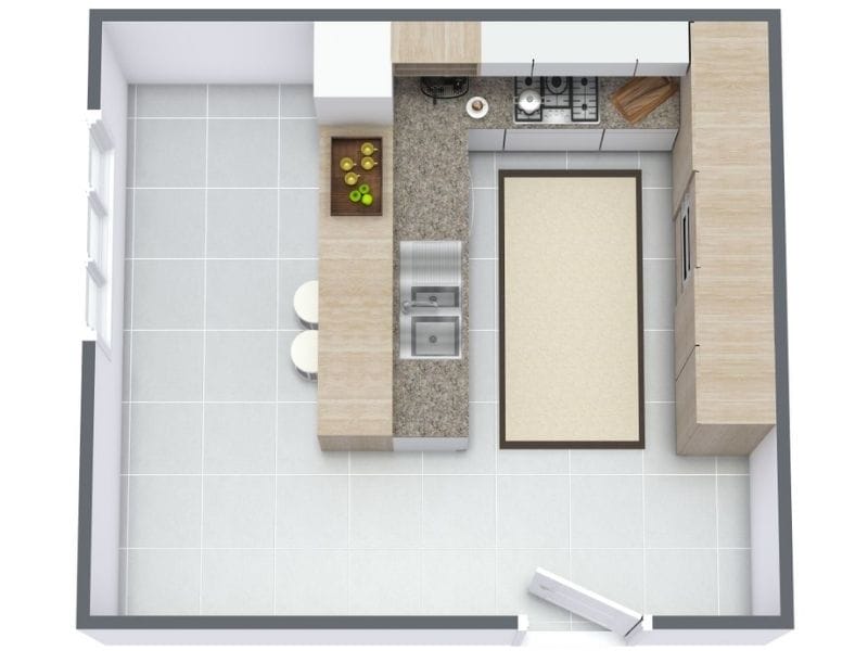 3D floor plan of a U-shaped kitchen with a central island. The layout shows light wood cabinets, a long countertop with a double sink in the center, a cooktop on the right wall, and tall pantry cabinets on the far right. Two stools sit at the end of the counter near a set of windows.