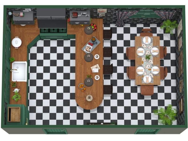 3D floor plan of a large U-shaped kitchen with dark green cabinets, a long wood peninsula with bar seating, and a black-and-white checkered floor. The left side includes a sink and counter space, the cooktop is centered on the back wall, and a spacious dining area with a table for eight sits to the right.