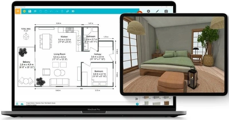 2D floor plan being created in RoomSketcher on a laptop next to a 3D photo of the design displayed on an iPad.