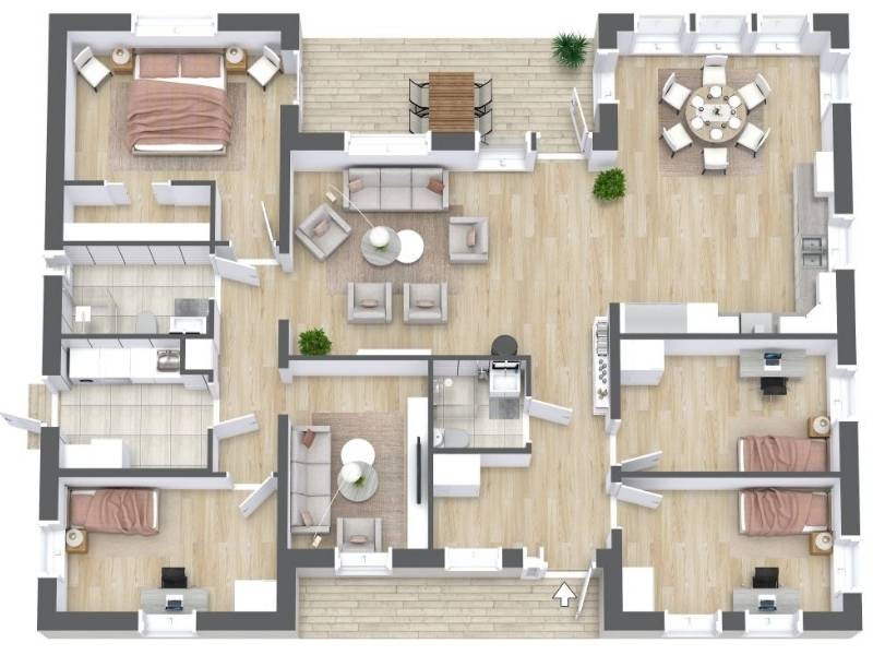 3D floor plan of a single-story home under 2000 sq ft with four bedrooms, two living areas, a large open kitchen and dining space, two bathrooms, and a central entry hall. The plan shows wood flooring throughout, built-in storage, and access to an outdoor patio.