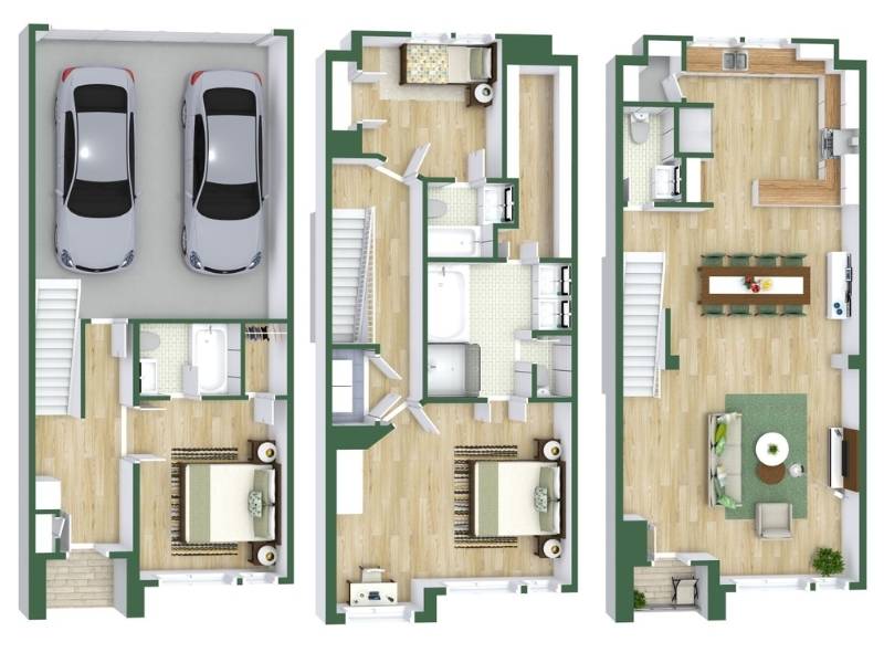 3D floor plan of a three-level home under 2000 sq ft. The lower level shows a two-car garage, a bathroom, and a bedroom. The middle level includes two bedrooms, two bathrooms, and a small sitting area. The top level features an open kitchen, dining area, and living room with stairs connecting all floors.