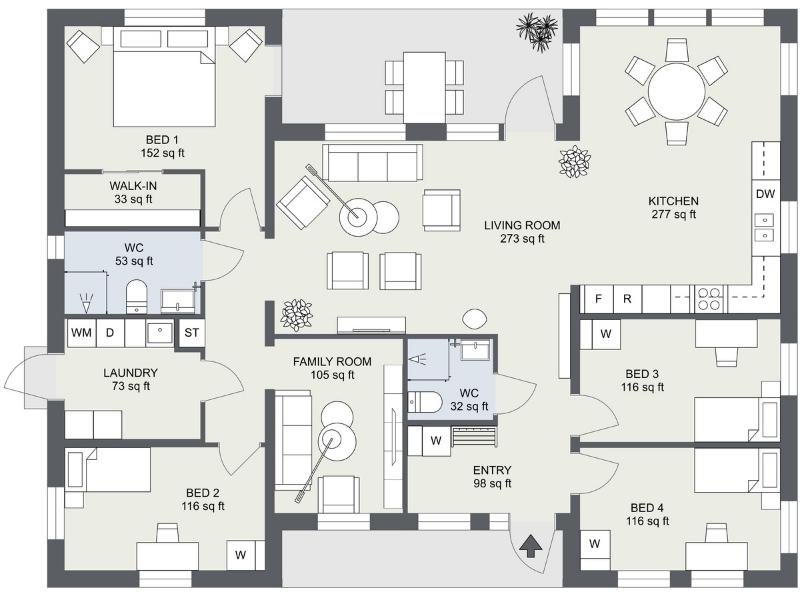 2D floor plan of a four-bedroom single-story home under 2000 sq ft. The layout includes a large living room, spacious kitchen with dining area, a family room, two bathrooms, a laundry room, and a walk-in closet off the primary bedroom. Each room is labeled with its square footage.