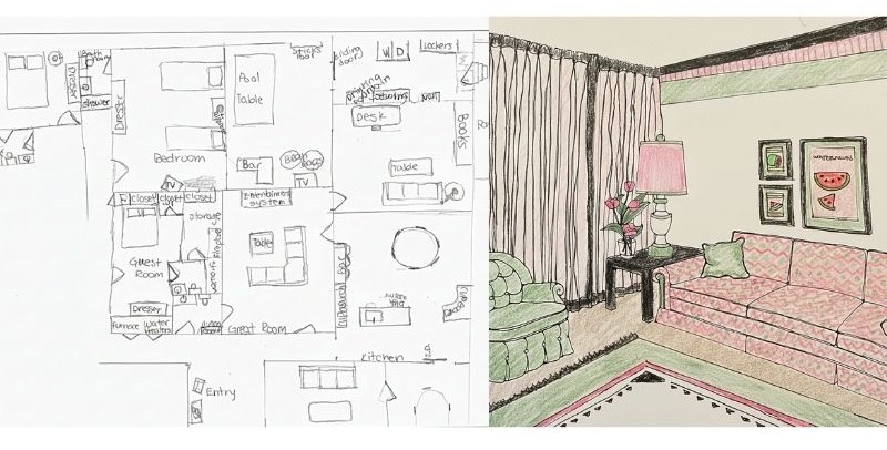 Hand-drawn interior design sketches showing a detailed floor plan on the left and a colored living room rendering on the right, featuring a pink sofa, green chair, framed artwork, and decorative accents.