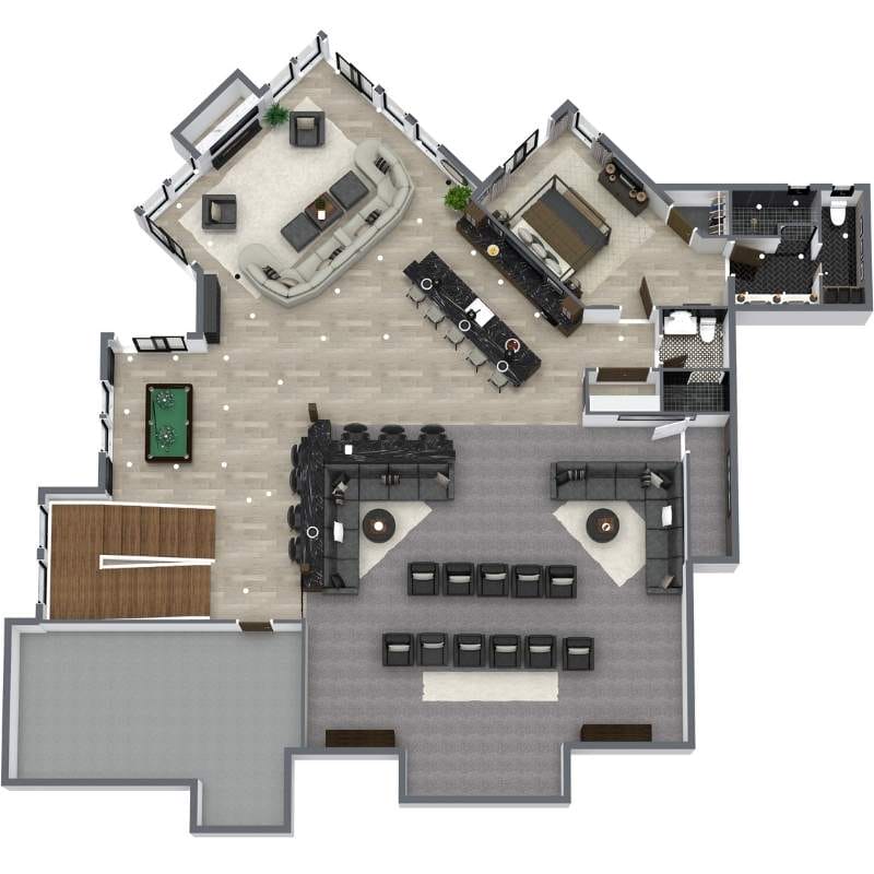 3D floor plan of a modern entertainment-style home with an open living area, large kitchen and dining island, bedroom, and two bathrooms.