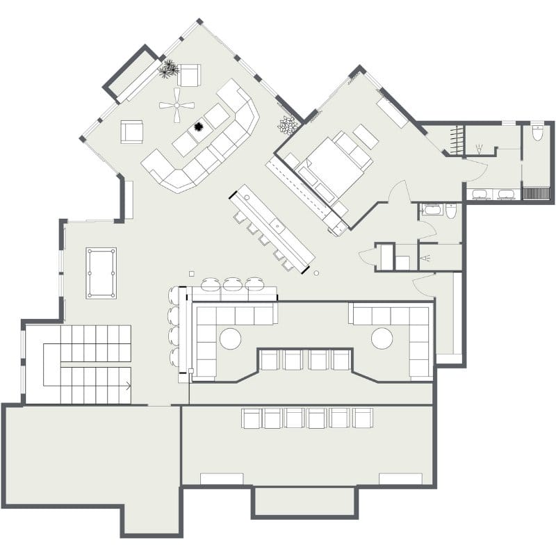 2D floor plan of a modern open-concept home with a large living area, kitchen with island seating, bedroom, two bathrooms, and entertainment spaces including a theater room and pool table area.