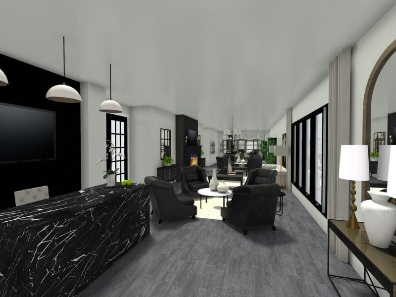 3D interior rendering of a modern reception and lounge area with black marble counters, dark armchairs, pendant lighting, and large windows.