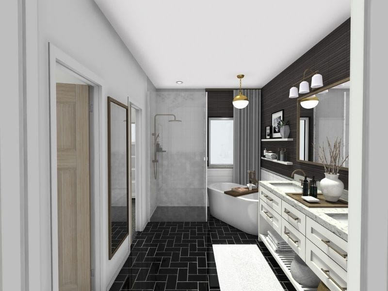 3D floor plan of a modern, narrow bathroom with a black herringbone tile floor and white walls.