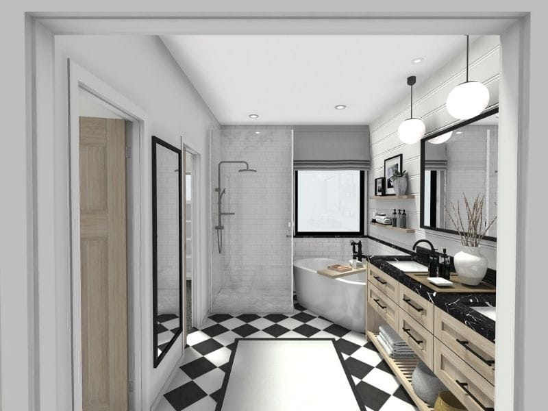 3D floor plan of a stylish, contemporary bathroom with black-and-white checkered tile flooring and a clean, monochrome color scheme.