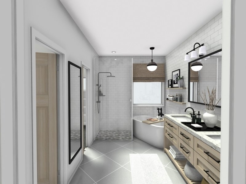 3D floor plan of a neutral-toned bathroom with large gray tile flooring and white subway tile walls.