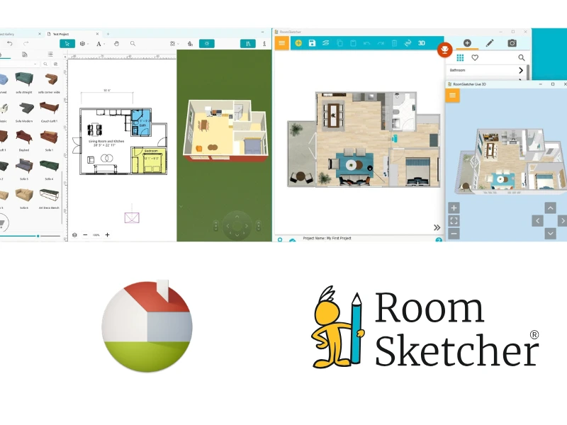 Live Home 3D vs RoomSketcher. The image shows a comparison between the two software UI. On the left side of the image there is a screenshot of the Live Home 3D user interface. It shows a split view of a 2D anf 3D floor plan. Below the image is the Live Home 3D logo. On the right side of the image there is a screenshot of the RoomSketcher user interface. The screenshot shows a split view of a 2D and 3D floor plan. Below the screenshot is the RoomSketcher logo.