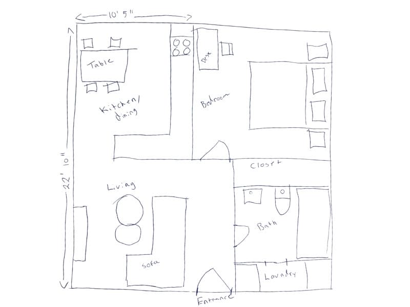 A hand illustrated floor plan of a one bedroom apartment.