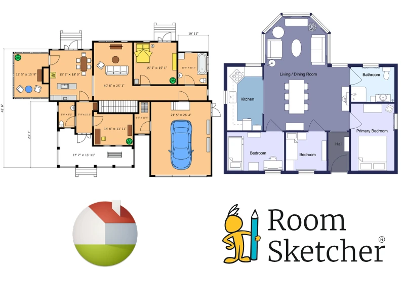 Live Home 3D vs RoomSketcher. The image shows a comparison between the two software 2D floor plans. On the left side of the image there is a screenshot of a 2D floor plan made with Live Home 3D. The 2D floor plan has orange colored floors, furniture in white, yellow, and brown. There are also measurements on the floor plan. Below the floor plan is the Live Home 3D logo. On the right side of the image there is a 2D floor plan made with RoomSketcher. The floor plan is in shades of purple and blue with room names for each room. Below the floor plan is the RoomSketcher logo.