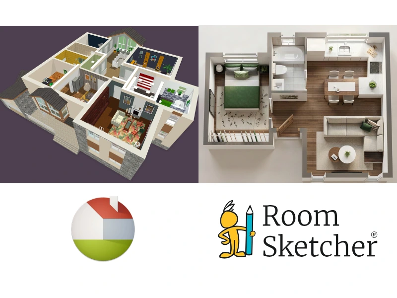 Live Home 3D vs RoomSketcher. The image shows a comparison between the two software 3D floor plans. On the left side of the image is a 3D floor plan made with Live Home 3D. Below the floor plan is the Live Home 3D logo. On the right side of the image there is a 3D floor plan made with RoomSketcher. Below the floor plan is the RoomSketcher logo.