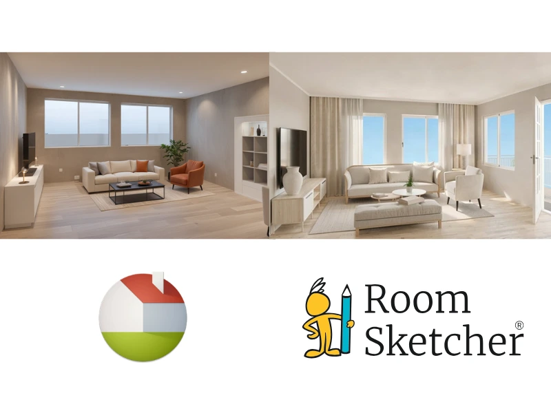 Live Home 3D vs RoomSketcher. The image shows a comparison between the two software AI renders. On the left side of the image there is a AI render made with Live Home 3D. The AI render shows a minimalist living room. Below the render there is the Live Home 3D logo. On the right side of the image there is a AI render made with RoomSketcher. It shows the same kind of minimalist living room as the Live Home 3D. Below the AI render is the RoomSketcher logo.