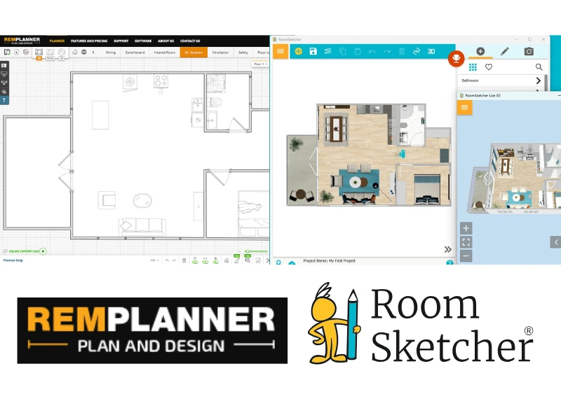 Remplanner vs RoomSketcher. The image shows a comparison between the two user interfaces. On the left side of the image is a screenshot of the Remplanner user interface. Below the screenshot is the Remplanner logo. On the right side of the image is a screenshot of the RoomSketcher user interface. Below the screenshot is the RoomSketcher logo.