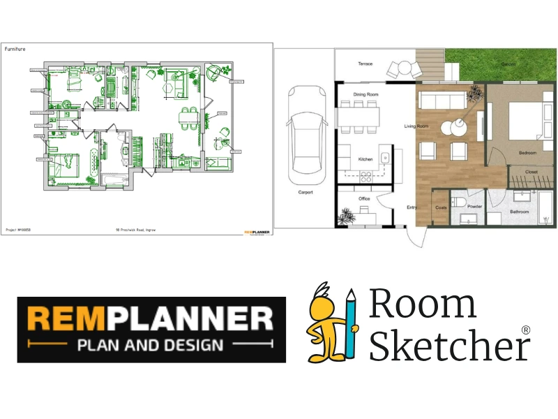Remplanner vs RoomSketcher. The image shows a comparison between the two software 2D floor plans. On the left side of the image is a 2D floor plan made with Remplanner. Below the floor plan is the Remplanner logo. On the right side of the image is a 2D floor plan made with RoomSketcher. Below the floor plan is the RoomSketcher logo.