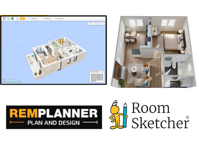 Remplanner vs RoomSketcher. The image shows a comparison between the two software 3D floor plans. On the left side of the image there is a 3D floor plan made with Remplanner. Below the floor plan is the Remplanner logo. On the right side of the image is a 3D floor plan made with RoomSketcher. Below the floor plan is the RoomSketcher logo.