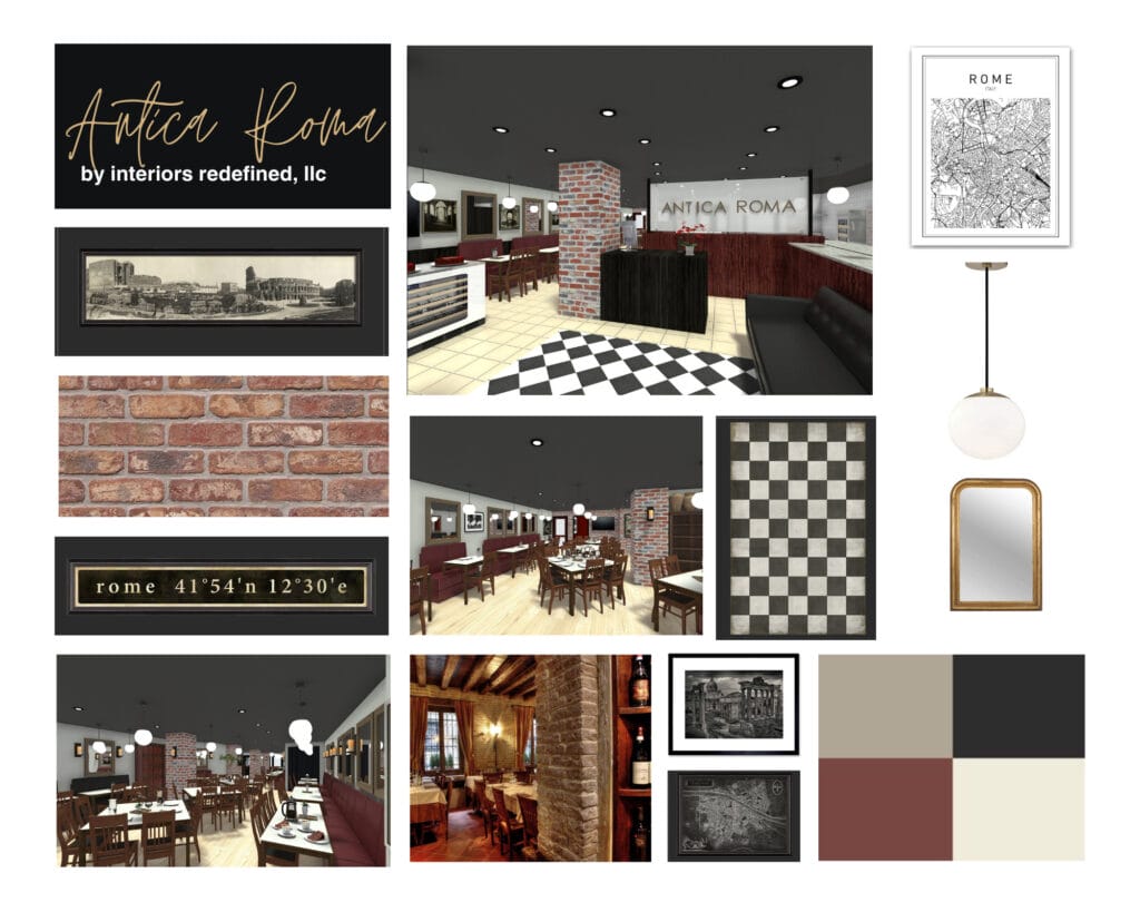 Mood board for "Antica Roma" restaurant concept by Interiors Redefined, LLC.