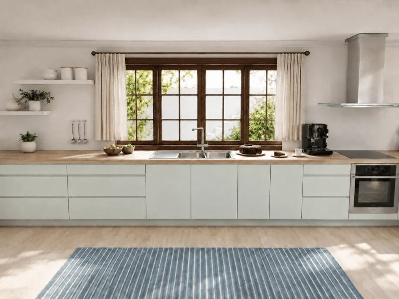 Mint kitchen with a brown window and beige curtains.