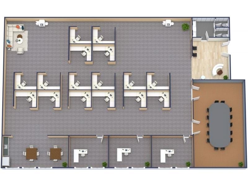 3D floor plan of a modern office layout featuring open cubicle workstations arranged in rows, private offices along the bottom, and a large conference room with a long table on the right.