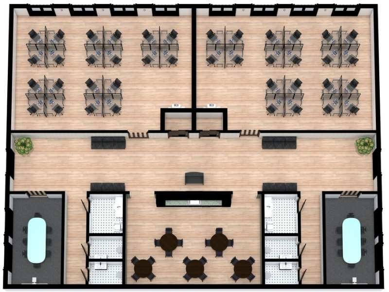3D floor plan of a contemporary office featuring two large open work areas with grouped desks, a central reception or lounge area, and meeting rooms along the bottom edge.