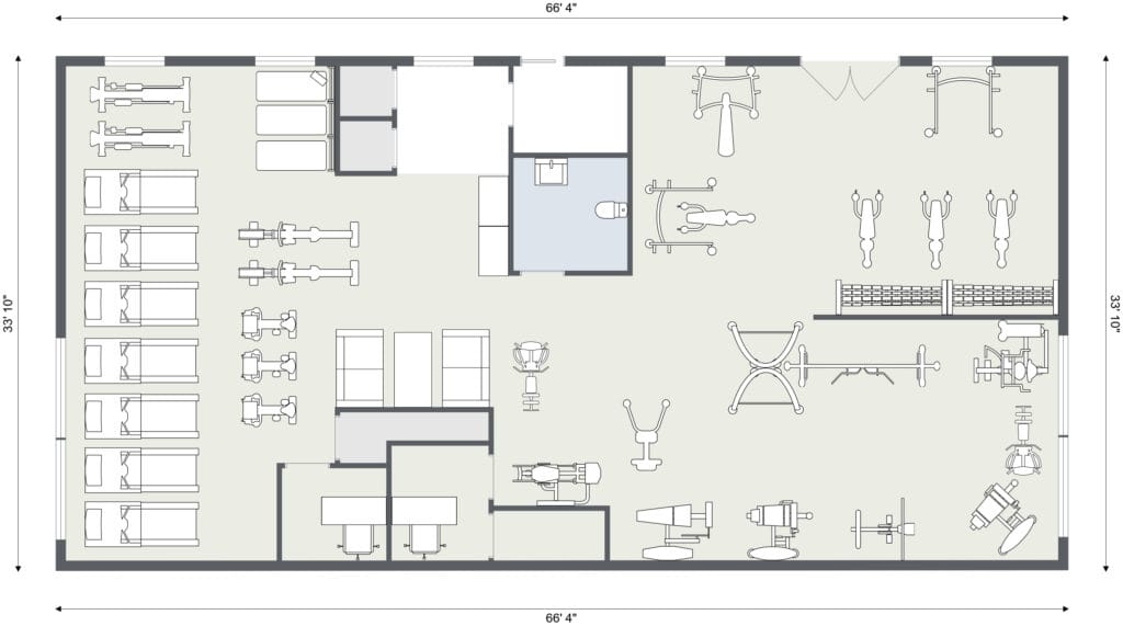2D floor plan of a rectangular fitness center measuring 66'4" by 33'10".