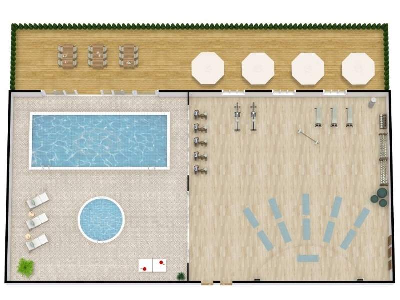 3D floor plan of a modern fitness and pool area. The layout features a large rectangular swimming pool and a smaller circular hot tub surrounded by lounge chairs.
