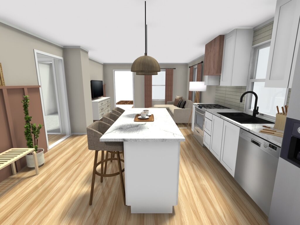 3D rendering of a modern kitchen with white cabinets, wood accents, and a marble island with bar seating.