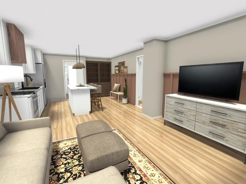 3D rendering of a modern open-concept living room and kitchen with light wood floors, neutral walls, and white cabinetry.