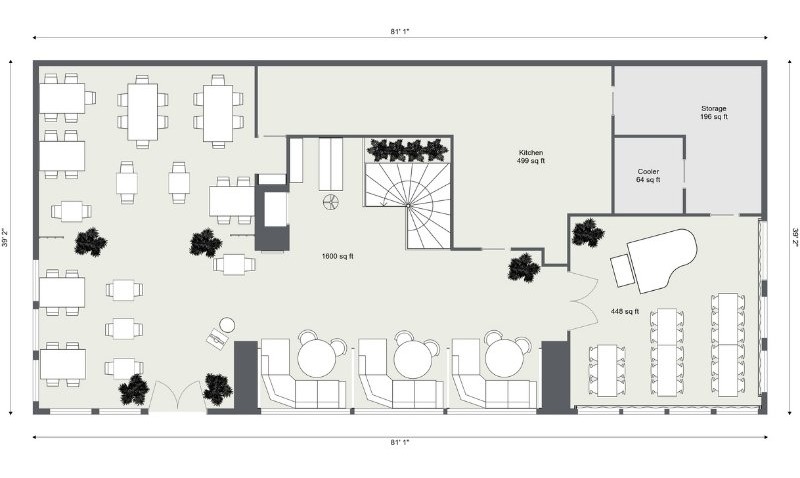 2D floor plan of a restaurant layout with labeled areas.