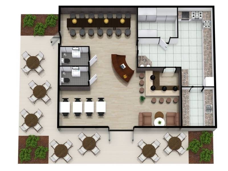 3D floor plan of a modern restaurant with both indoor and outdoor seating.