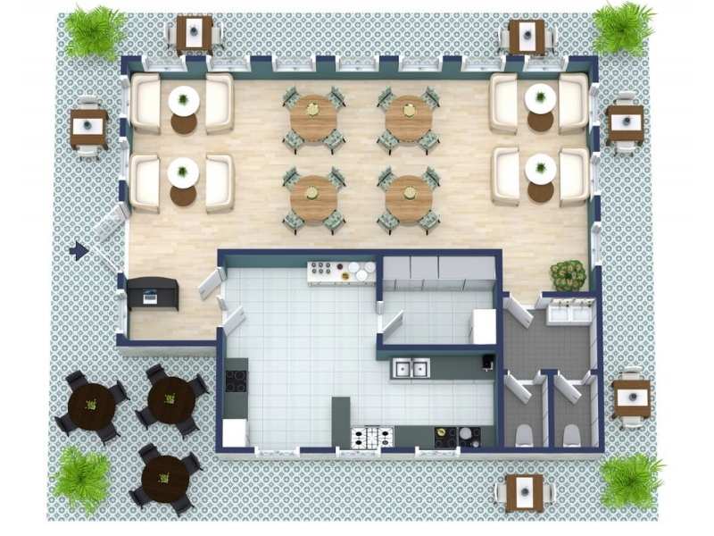 3D floor plan of a bright, modern restaurant layout.