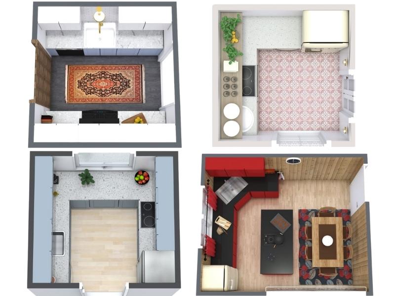 Four different small kitchen floor plan layouts shown from above. Each layout has a unique style, including a galley kitchen with a rug, a patterned-tile kitchen with a compact work triangle, a light single-wall kitchen with wood flooring, and a U-shaped kitchen with red cabinets and a small dining area.