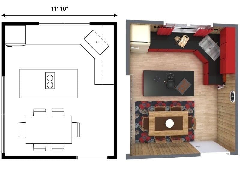 Side-by-side view of a small kitchen with an island layout. The left image shows the black-and-white floor plan with a counter along two walls, a central kitchen island, and a dining table. The right image shows the furnished 3D version with red cabinets, wood flooring, a black island cooktop, and a dining table on a patterned rug.
