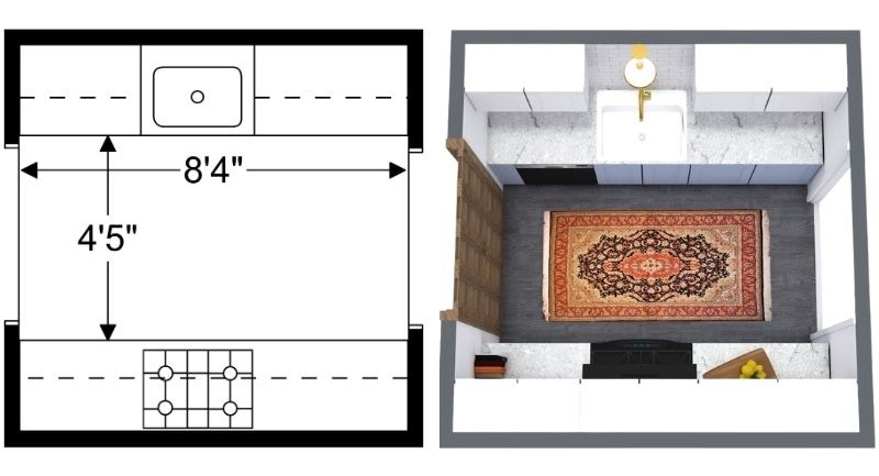 Side-by-side view of a small galley kitchen. The left image shows the floor plan with two parallel counters, a sink on one side, and measurements marked at 8'4'' and 4'5''. The right image shows the furnished 3D version with white cabinets, a central runner rug, and dark flooring.