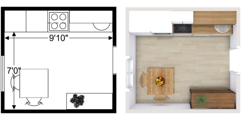 Side-by-side view of a small single-wall kitchen layout. The left image shows the floor plan with cabinets and appliances along one wall, plus measurements of 9'10'' and 7'0''. The right image shows the furnished 3D version with white upper cabinets, wood countertops, a small dining table in the center, and light wood flooring.