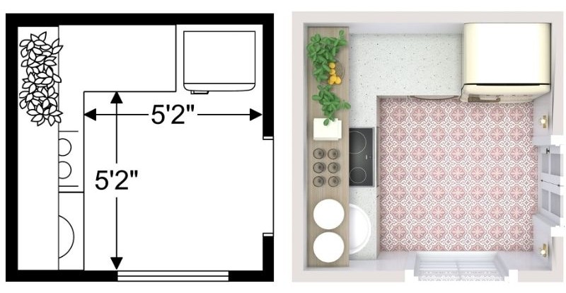 Side-by-side view of a small L-shaped kitchen. The left image shows the floor plan with an L-shaped counter, a cooktop, and measurements of 5'2'' by 5'2''. The right image shows the furnished 3D version with patterned floor tiles, a compact work area, wood countertops, and light-colored finishes.
