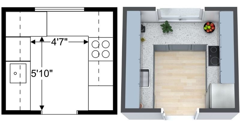 Side-by-side view of a small U-shaped kitchen. The left image shows the floor plan with counters on three sides, a sink, a cooktop, and measurements of 4'7'' and 5'10''. The right image shows the furnished 3D version with light blue cabinets, white countertops, a window above the sink, and light wood flooring.