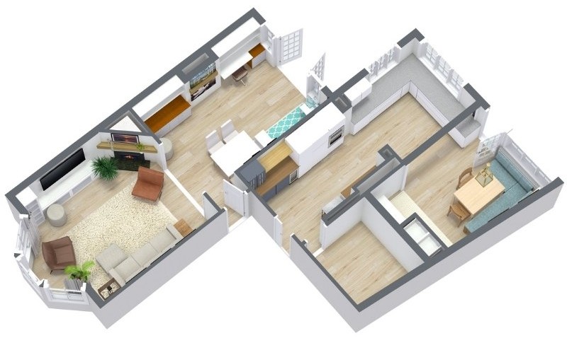 3D floor plan of a modern apartment showing a living room with a sectional sofa and armchair, a central kitchen with dining area, a bedroom, and a second smaller room. Light wood flooring and neutral furnishings create a bright, open layout.