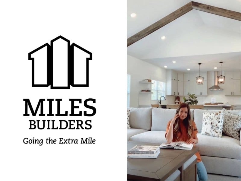 Interior designer Courtney Willis posing with an interior design book next to the Miles Builders logo.