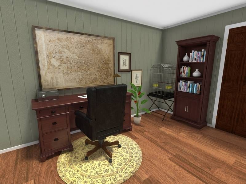3D Photo of an office. The office has green wooden walls and on the wall to the left are three pictures. There is a wooden desk placed facing the wall, and a black leather office chair. On top of the desk is a safe, a news paper and a copper lamp. To the right of the desk is a green plant and towards the right wall is a bird cage on top of a side table. Next to the bird cage is a bookcase. The floor is a dark, warm wood and underneath the office chair is a yellow round rug.