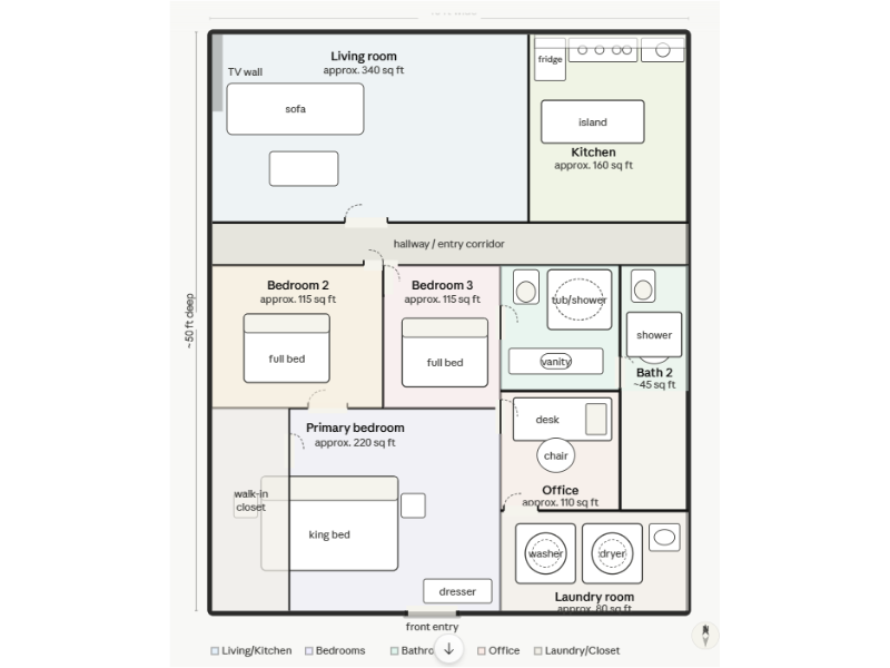 Floor plan generated by the AI program Claude with visible mistakes such as overlapping furniture and missing doors.