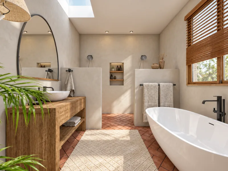 Southwestern bathroom with a freestanding tub, terracotta floor tiles, wood vanity, and walk-in shower.