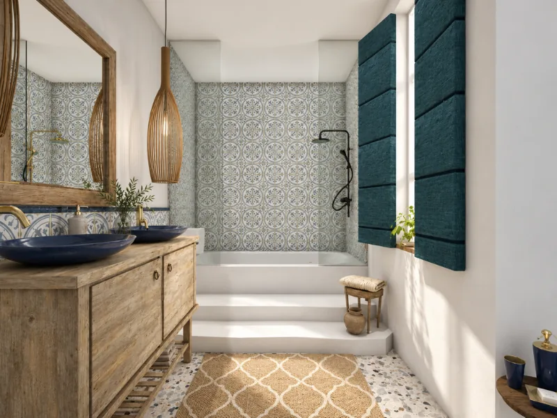 Southwestern bathroom with blue patterned tile, a wood vanity, vessel sinks, and woven pendant lights.