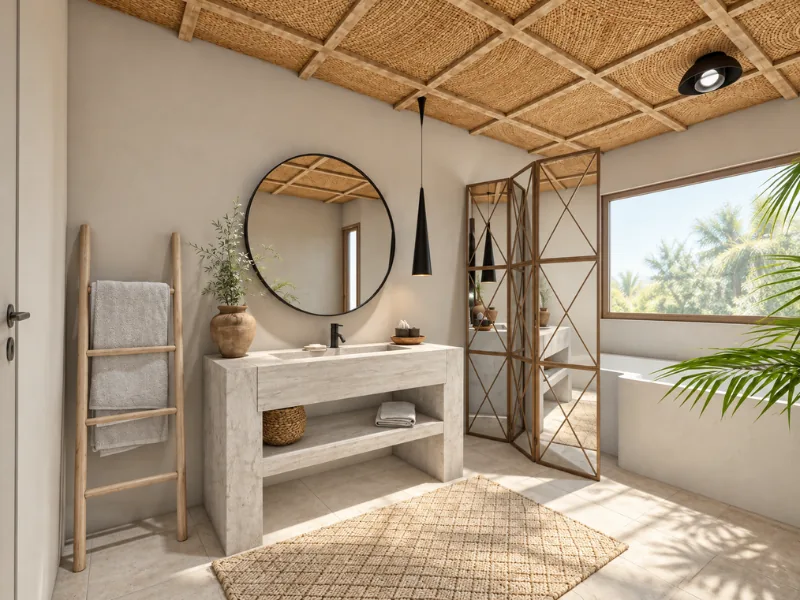 Southwestern bathroom with a stone vanity, woven ceiling, wood ladder, and natural textured finishes.